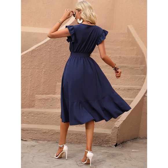 Butterfly Sleeve Ruffle Trim Wrap Hem Belted high low midi Dress - Picture 7 of 11